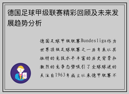 德国足球甲级联赛精彩回顾及未来发展趋势分析